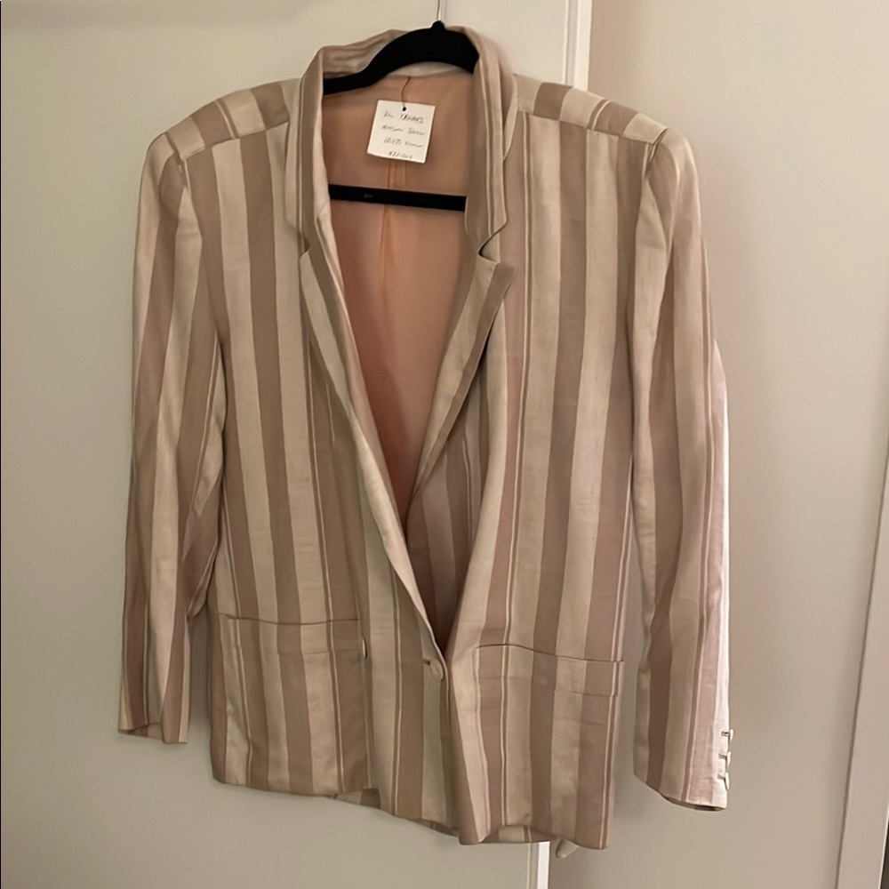 Vintage Tahari Tan Blazer with Notched Lapels and Vertical Stripes